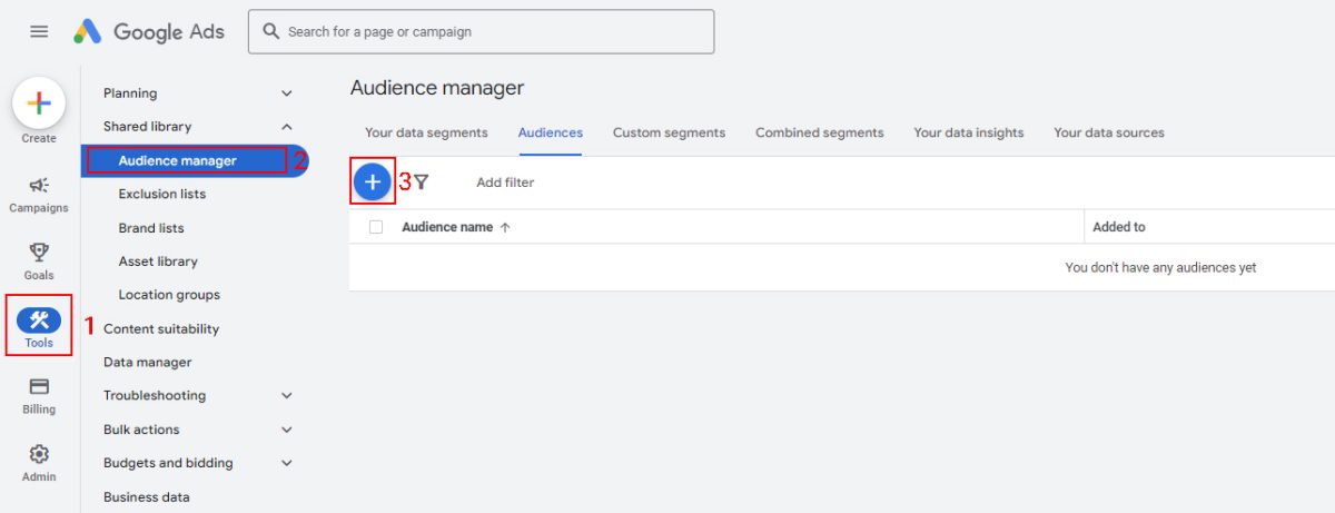 نحوه رسیدن به بخش Audience manager در گوگل ادز