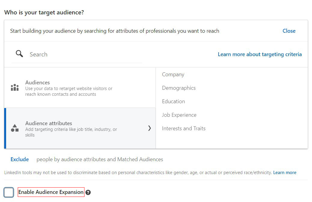 گزینه audience expansion در هدفگیری تبلیغات لینکدین