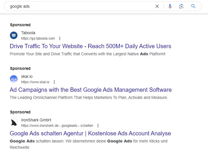 نمونه ای نمایش تبلیغات گوگل ادز با استفاده از کوئری google ads