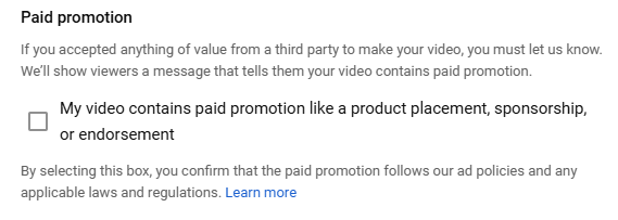 تنظیمات paid promotion در یوتیوب